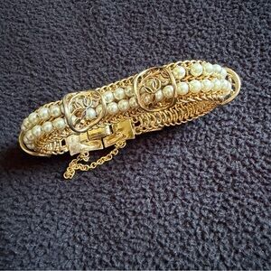 Vintage Gold-Tone Woven Chain & Faux Pearl Bracelet